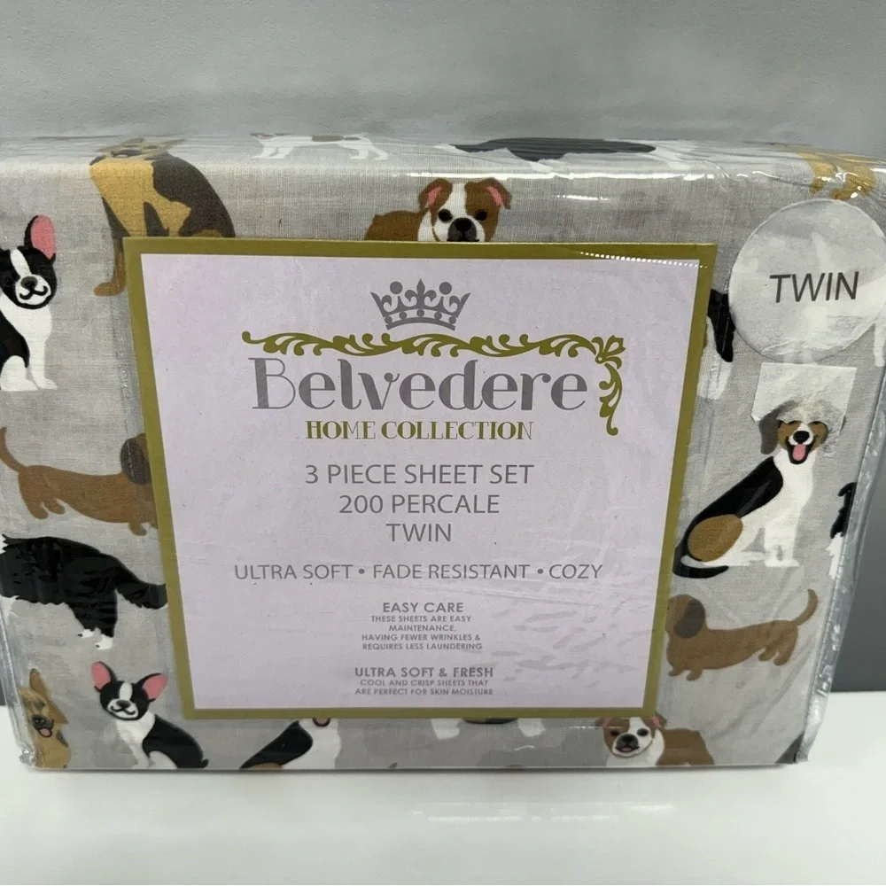 Dog Print 3pc Sheet Set Twin Belvedere Gray Dogs Bulldog Collie Dachshund Yorkie